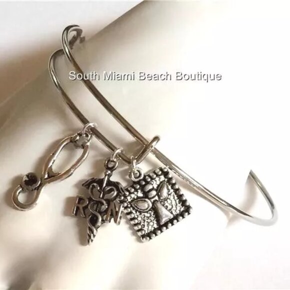 Nursing Caduceus Wire Charm Bracelet Stethoscope RN Graduation Gift Silver Tone - Picture 3 of 5